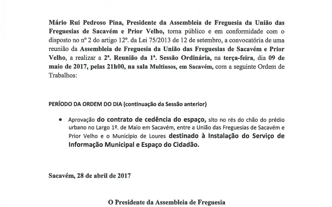 Reunião da Assembleia de Freguesia – 09 de Maio
