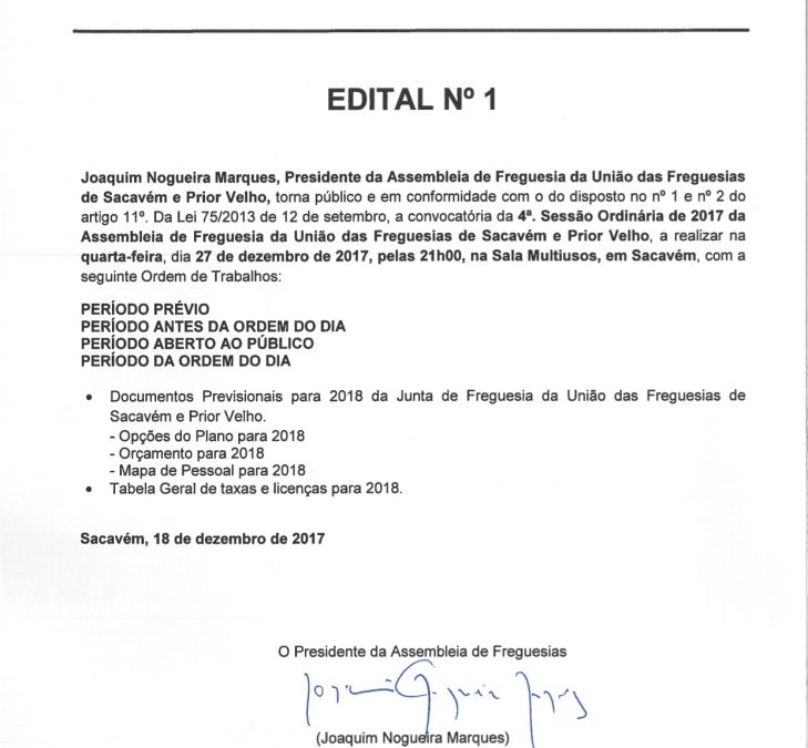 EDITAL Nº1 – 4ª Sessão Ordinária – Assembleia de Freguesia – 27 Dezembro 2017