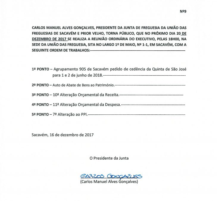 9ª Reunião Ordinária do Executivo – 20 Dezembro