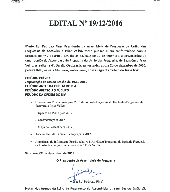 Assembleia de Freguesia – 20 de dezembro
