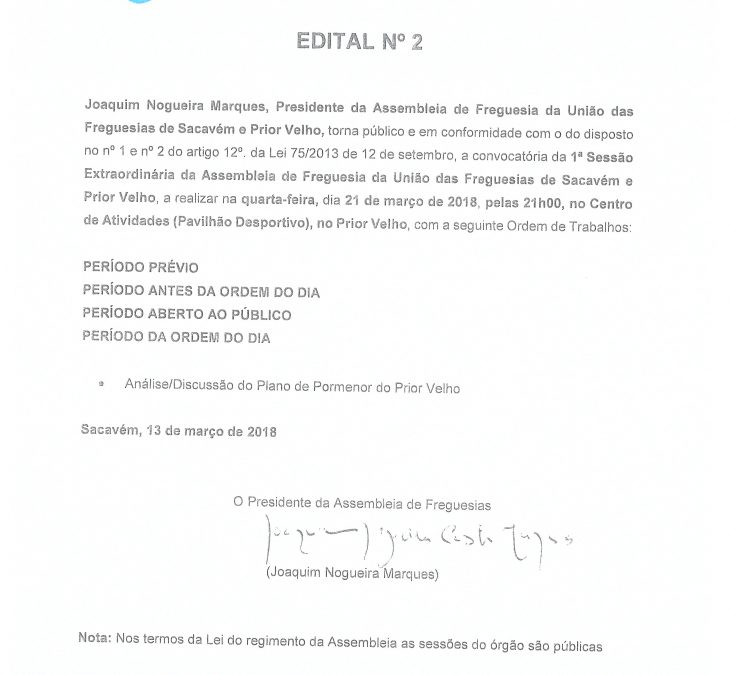 EDITAL Nº 2 – 1ª Sessão Extraordinária – Assembleia de Freguesia da União das Freguesias de Sacavém e Prior Velho – 21 março 2018