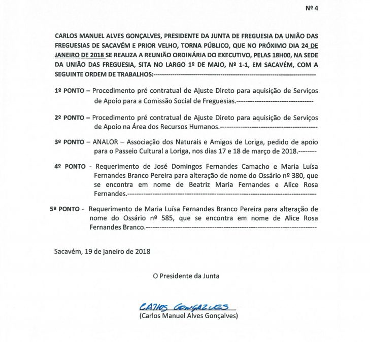 Reunião Ordinária do Executivo – 24 Janeiro 2018