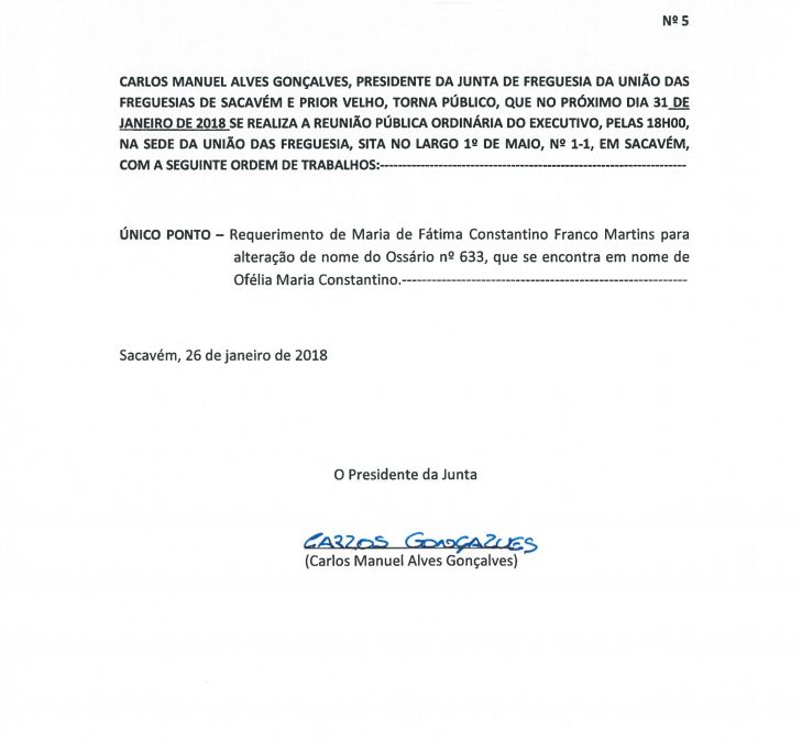 Reunião Ordinária do Executivo – 31 Janeiro 2018