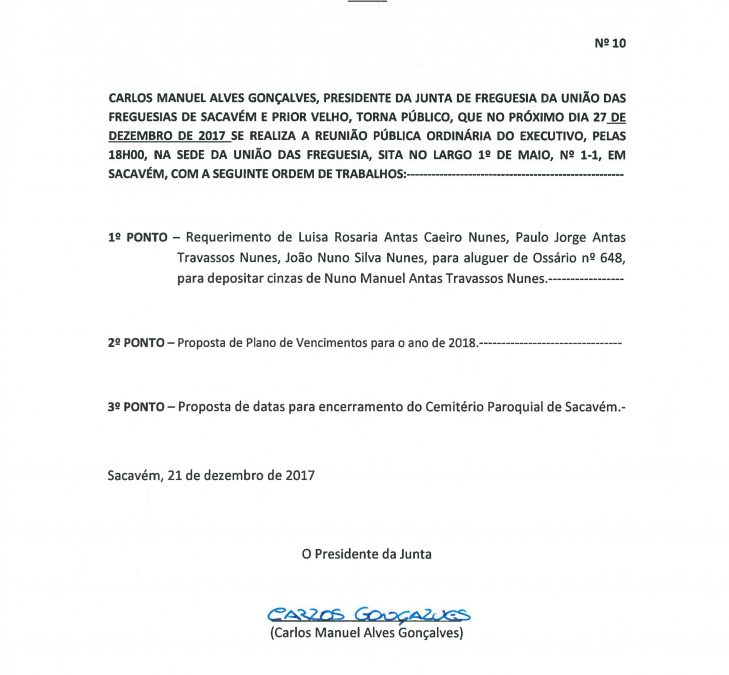 Reunião Pública Ordinária do Executivo – 27 Dezembro