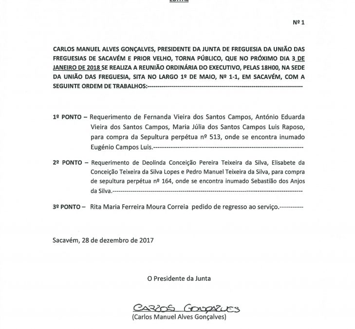 Reunião Ordinária do Executivo – 3 Janeiro 2018