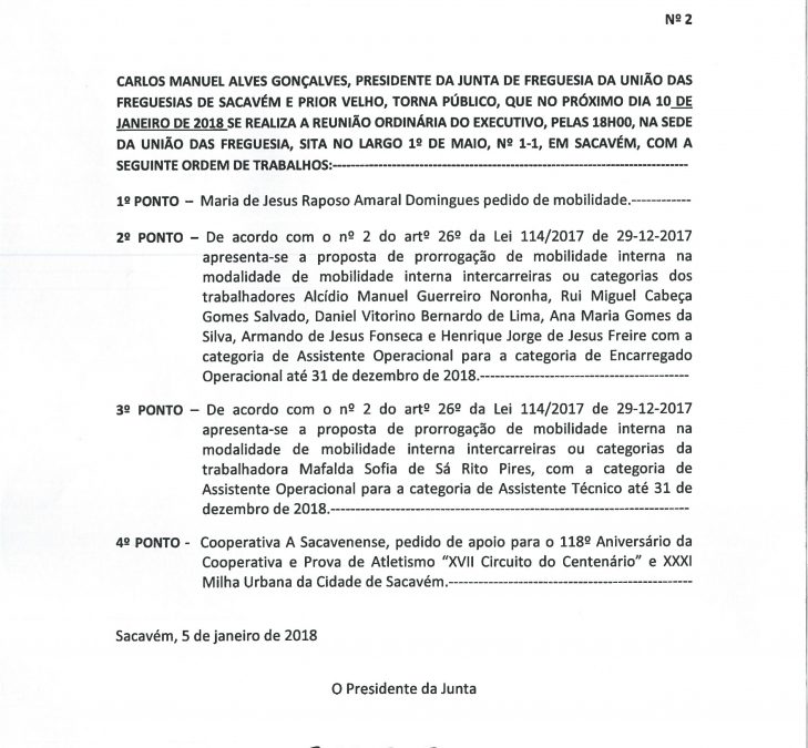 Reunião Ordinária do Executivo – 10 Janeiro 2018