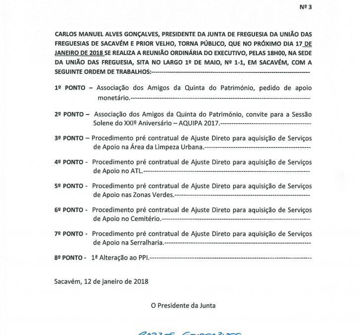 Reunião Ordinária do Executivo – 17 Janeiro 2018