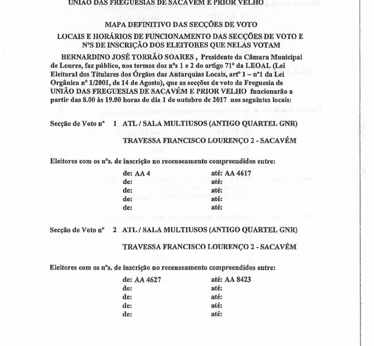Mapa das Secções de Voto – 1 de outubro