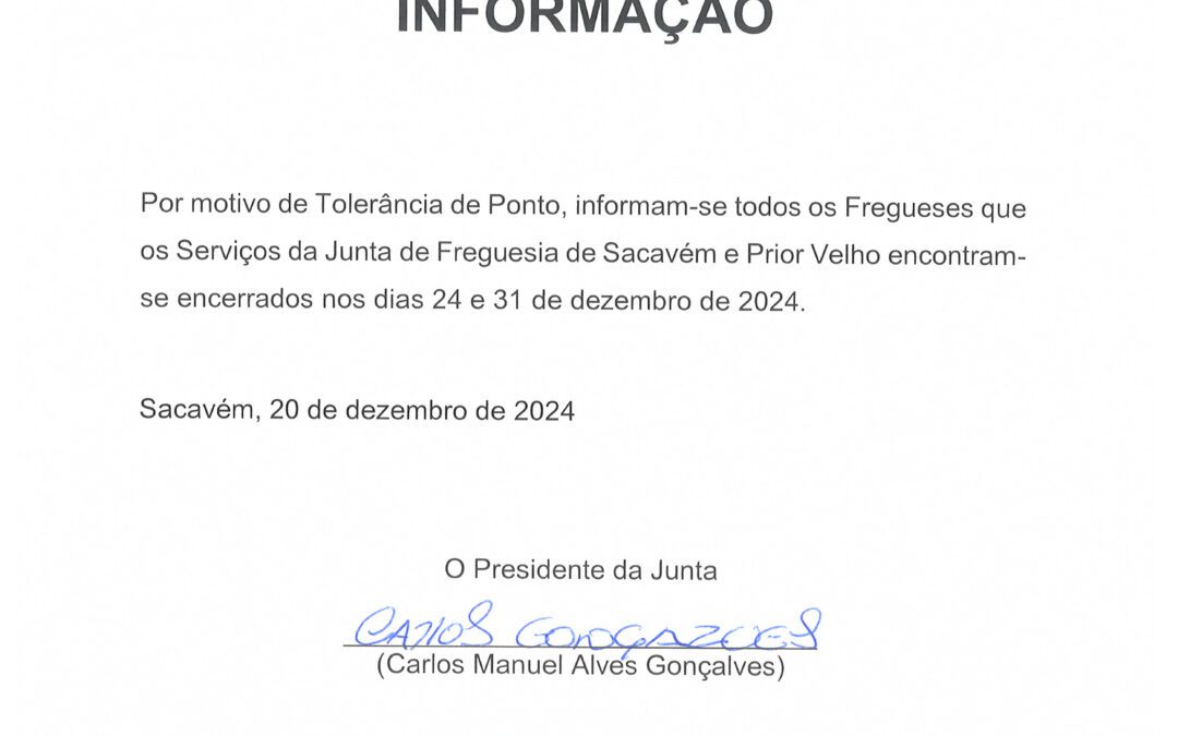 INFORMAÇÃO | TOLERÂNCIA DE PONTO | 24 E 31 DE DEZEMBRO