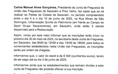 EDITAL | INSCRIÇÕES | STANDS RESTAURAÇÃO | FESTAS DA CIDADE DE SACAVÉM 2025