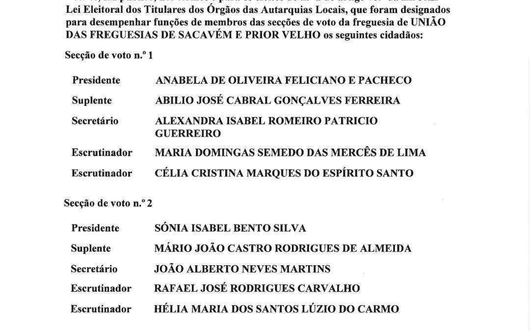 EDITAL | ELEIÇÃO DOS ORGÃOS DAS AUTARQUIAS LOCAIS | 12 DE OUTUBRO | DESIGNAÇÃO DOS MEMBROS DA MESA