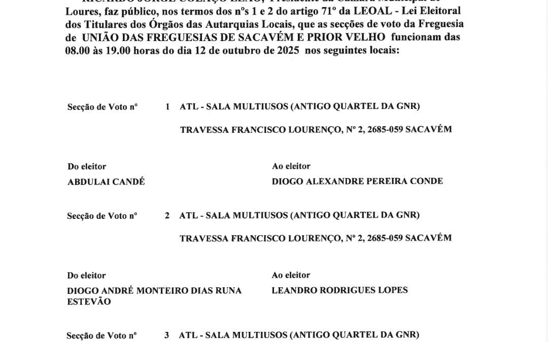 EDITAL | ELEIÇÃO DOS ORGÃOS DAS AUTARQUIAS LOCAIS | 12 DE OUTUBRO | LOCAIS E HORÁRIOS DE FUNCIONAMENTO DAS SECÇÕES DE VOTO E ELEITORES QUE NELAS VOTAM