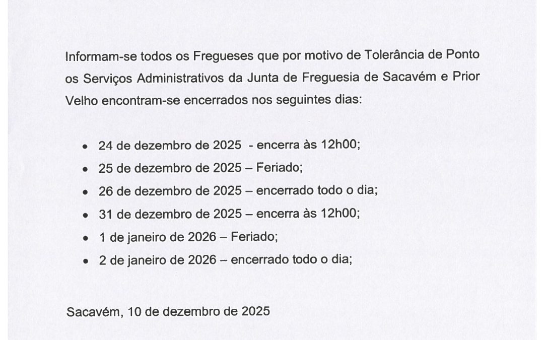 INFORMAÇÃO | NATAL | TOLERÂNCIA DE PONTO – SERVIÇOS ADMINISTRATIVOS
