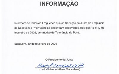 00000001 INFORMAÇÃO | TOLERÂNCIA DE PONTO | CARNAVAL | 16 E 17 DE FEVEREIRO | SACAVÉM E PRIOR VELHO