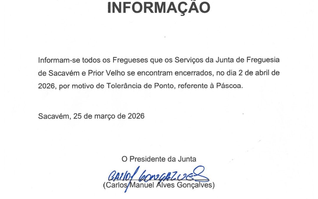 INFORMAÇÃO | TOLERÂNCIA DE PONTO | PÁSCOA | 2 DE ABRIL