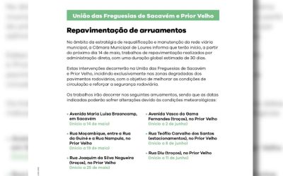 DIVULGAÇÃO | COMUNICADO | CÂMARA MUNICIPAL DE LOURES | REPAVIMENTAÇÃO DE ARRUAMENTOS | A PARTIR DE 14 DE MAIO | SACAVÉM E PRIOR VELHO