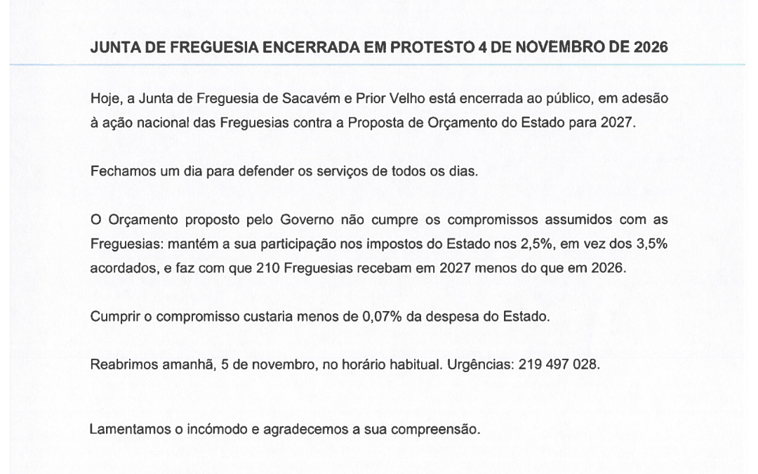 AVISO | SERVIÇOS ENCERRADOS AO PÚBLICO | AÇÃO NACIONAL DE PROTESTO PROMOVIDO PELA ANAFRE CONTRA A PROPOSTA DE ORÇAMENTO DO ESTADO PARA 2027 | 4 DE NOVEMBRO