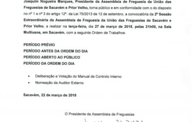 EDITAL Nº 3 – 2ª Sessão Extraordinária – Assembleia de Freguesia da União das Freguesias de Sacavém e Prior Velho – 27 março 2018