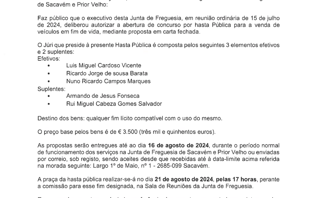 EDITAL | ABERTURA DE CONCURSO POR HASTA PÚBLICA PARA VENDA DE VEÍCULOS EM FIM DE VIDA