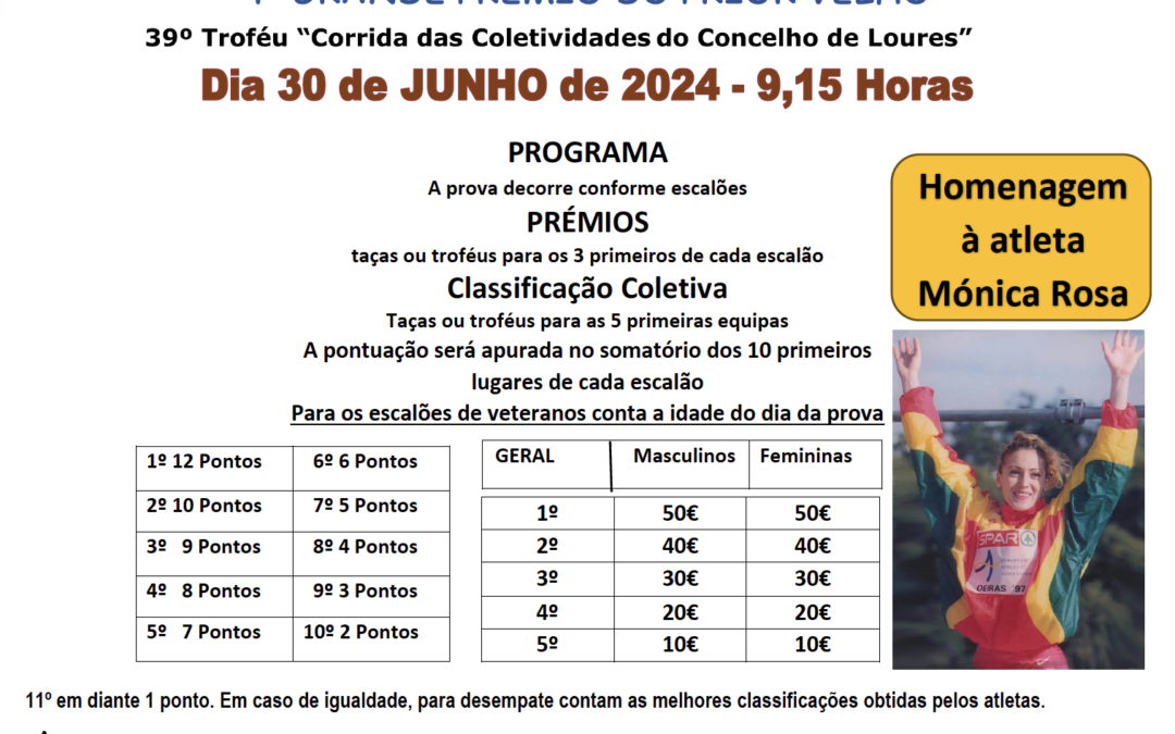 4º GRANDE PRÉMIO DO PRIOR VELHO | 39º TROFÉU “CORRIDA DAS COLETIVIDADES DO CONCELHO DE LOURES” | 30 DE JUNHO DE 2024 | INSCRIÇÕES