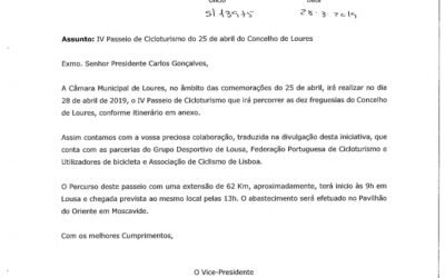 IV PASSEIO DE CICLOTURISMO do 25 de Abril do Concelho de Loures – 28 abril 2019