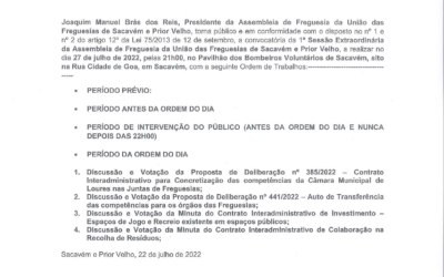 EDITAL Nº5 | 1ª SESSÃO EXTRAORDINÁRIA DA ASSEMBLEIA DE FREGUESIA DA UNIÃO DAS FREGUESIAS DE SACAVÉM E PRIOR VELHO | 27 DE JULHO PELAS 21 HORAS