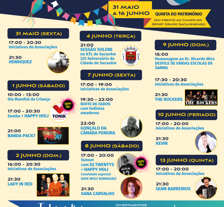 FESTAS DA CIDADE DE SACAVÉM 2019 – 31 de maio a 16 de junho 2019