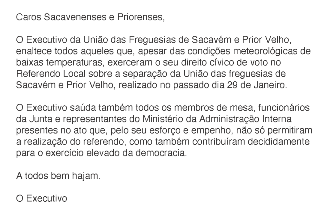 NOTA DE AGRADECIMENTO | REFERENDO LOCAL