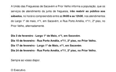 INFORMAÇÃO | SERVIÇOS DE ATENDIMENTO | SÁBADOS | SACAVÉM E PRIOR VELHO