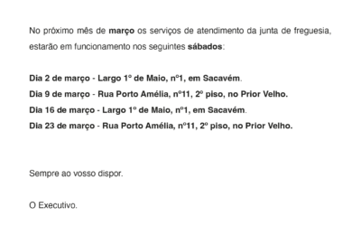 INFORMAÇÃO | SERVIÇOS DE ATENDIMENTO | SÁBADOS | SACAVÉM E PRIOR VELHO