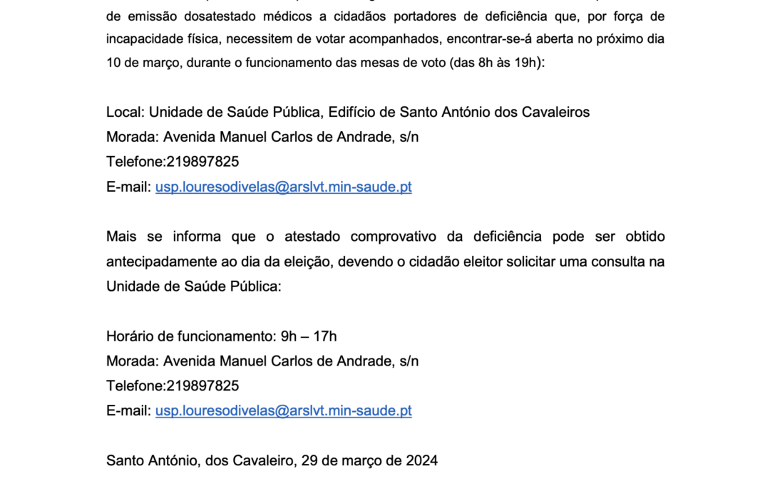 INFORMAÇÃO | LOCAL DE EMISSÃO DE ATESTADO MÉDICO PARA CIDADÃOS PORTADORES DE DEFICIÊNCIA | ELEIÇÕES ASSEMBLEIA DA REPÚBLICA | 10 DE MARÇO 2024