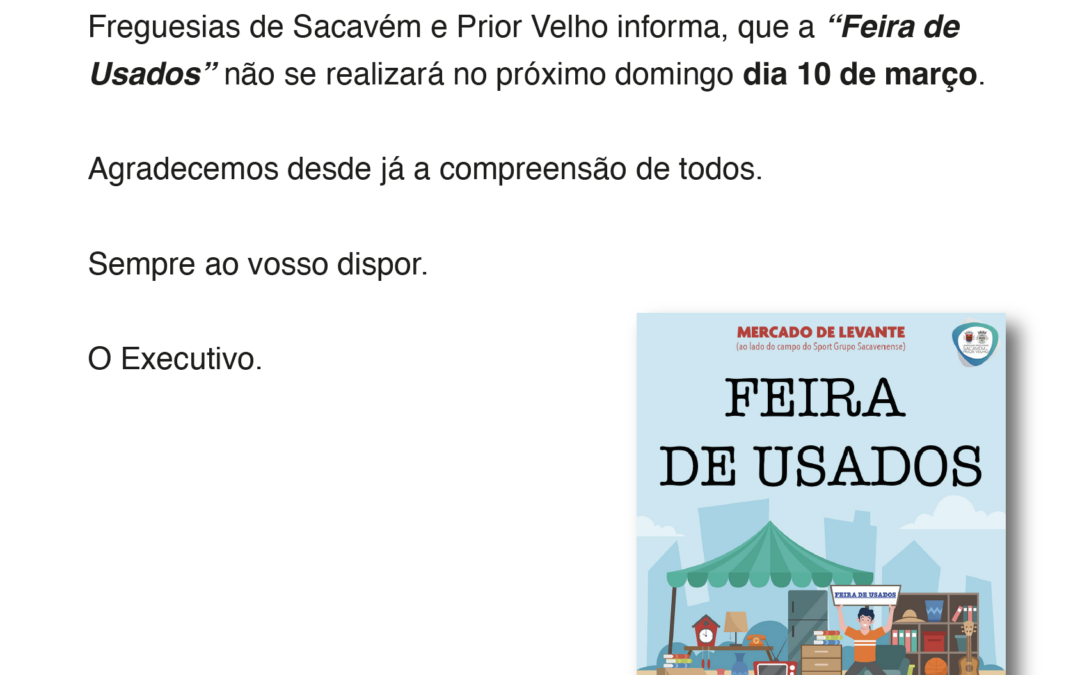 INFORMAÇÃO | FEIRA DE USADOS | 10 DE MARÇO | SACAVÉM