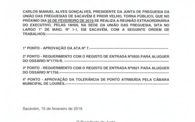 EDITAL Nº 8 – Reunião Extraordinária do Executivo – 20 fevereiro 2019