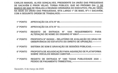 EDITAL Nº 11 – Reunião Ordinária do Executivo – 11 março 2020