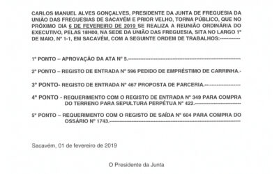 EDITAL Nº 6 – Reunião Ordinária do Executivo – 6 fevereiro 2019