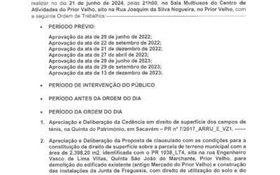 EDITAL N°4 | 2ª SESSÃO ORDINÁRIA DA ASSEMBLEIA DE FREGUESIA DA UNIÃO DAS FREGUESIAS DE SACAVÉM E PRIOR VELHO | 21 DE JUNHO DE 2024 | 21H00 | SALA MULTIUSOS DO CENTRO DE ATIVIDADES DO PRIOR VELHO