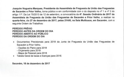 EDITAL Nº1 – 4ª Sessão Ordinária – Assembleia de Freguesia – 27 Dezembro 2017