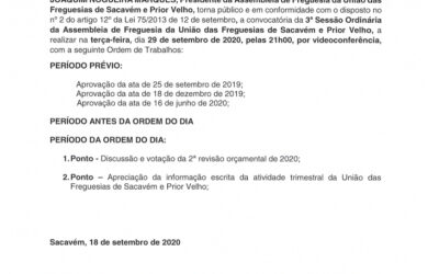 EDITAL Nº 20 – 3ª Sessão Ordinária da Assembleia de Freguesia da União das Freguesias de Sacavém e Prior Velho – 29 setembro 2020