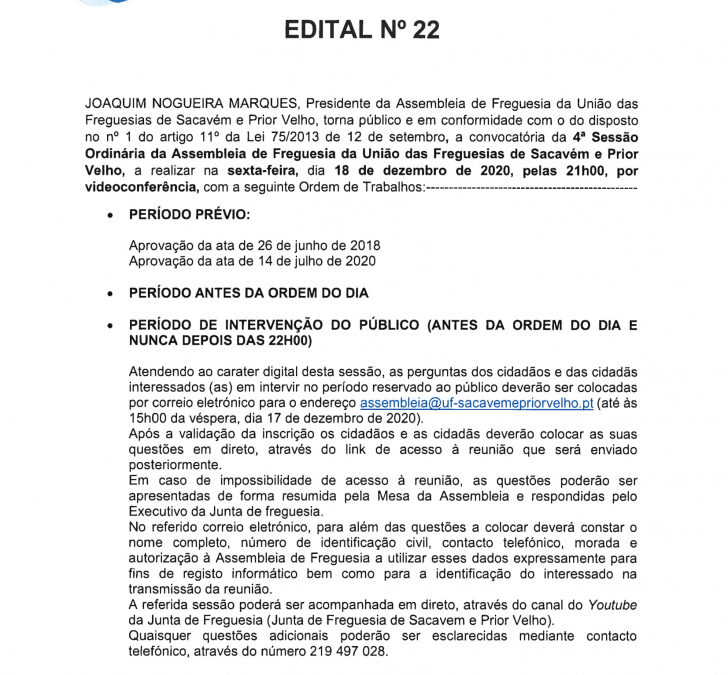 EDITAL Nº 22 – 4ª Sessão Ordinária da Assembleia de Freguesia da União das Freguesias de Sacavém e Prior Velho – 18 dezembro 2020