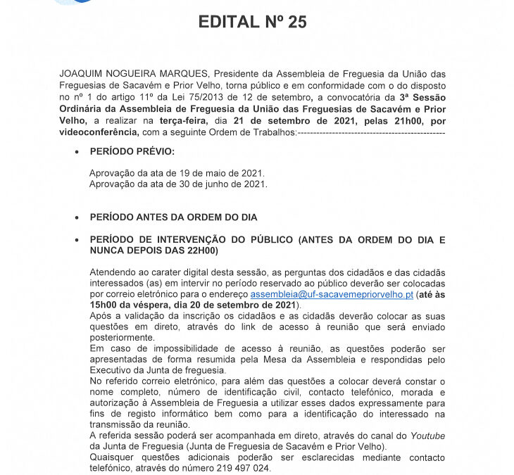 EDITAL Nº 25 – 3ª Sessão Ordinária da Assembleia de Freguesia da União das Freguesias de Sacavém e Prior Velho – 21 setembro 2021