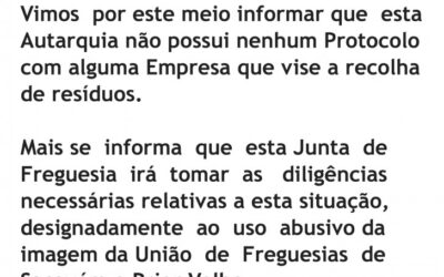 Informação – a Junta não tem protocolos com empresas de recolha de resíduos