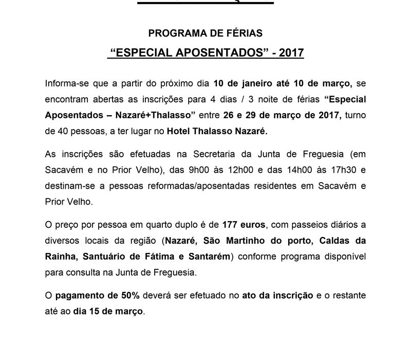 PROGRAMA DE FÉRIAS  “ESPECIAL APOSENTADOS” – 2017