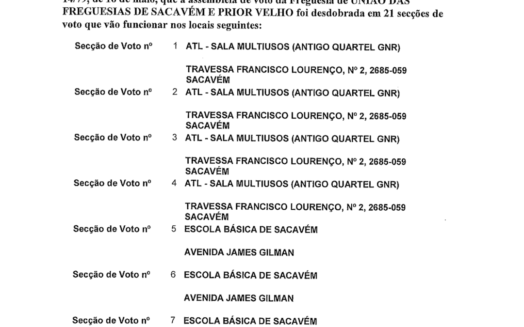 EDITAL | ELEIÇÃO PARA O PARLAMENTO EUROPEU | 9 DE JUNHO DE 2024 | DESDOBRAMENTO DAS ASSEMBLEIAS DE VOTO