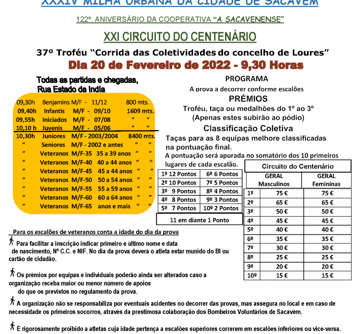 XXXIV MILHA URBANA DA CIDADE DE SACAVÉM | XXI CIRCUITO DO CENTENÁRIO | 37º TROFÉU “ CORRIDA DAS COLETIVIDADES DO CONCELHO DE LOURES”