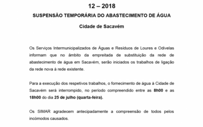 Suspensão temporária do abastecimento de água – 25 julho