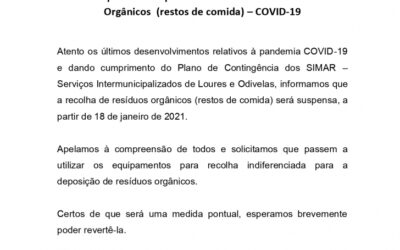 SIMAR | Suspensão Temporária da Recolha de Resíduos Orgânicos (restos de comida) – COVID-19