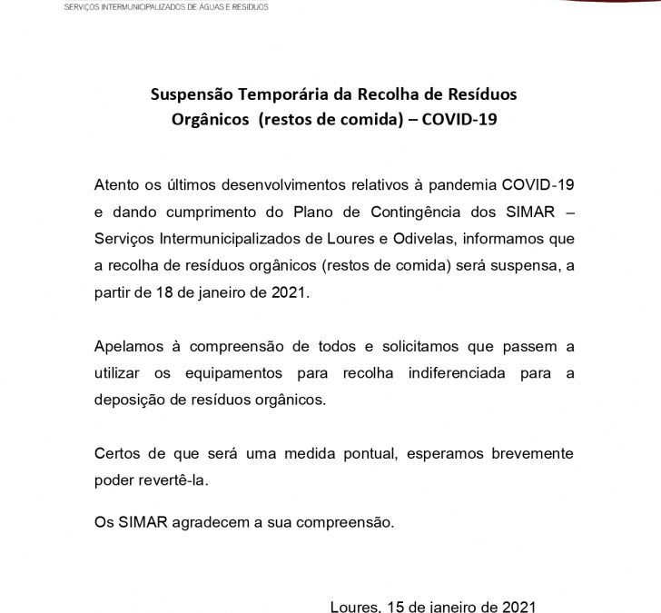 SIMAR | Suspensão Temporária da Recolha de Resíduos Orgânicos (restos de comida) – COVID-19