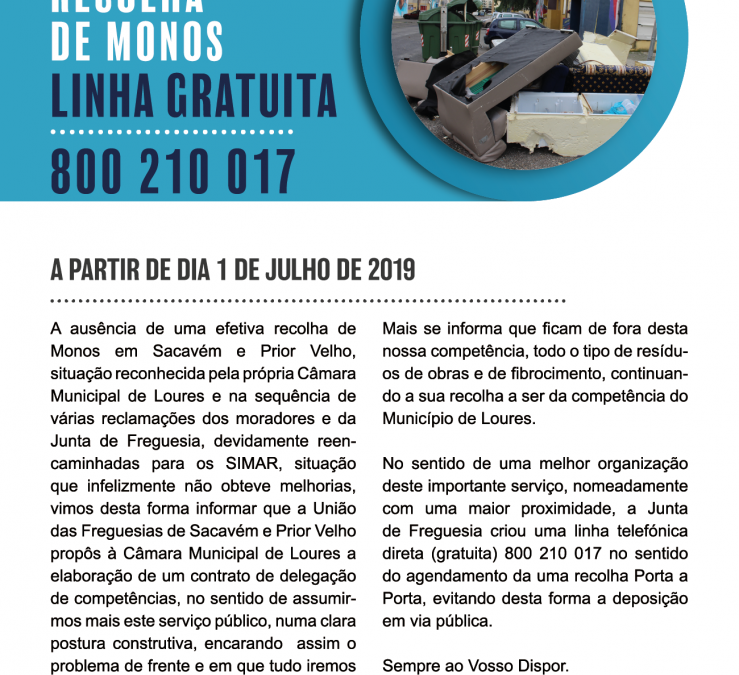 RECOLHA DE MONOS – LINHA GRATUITA