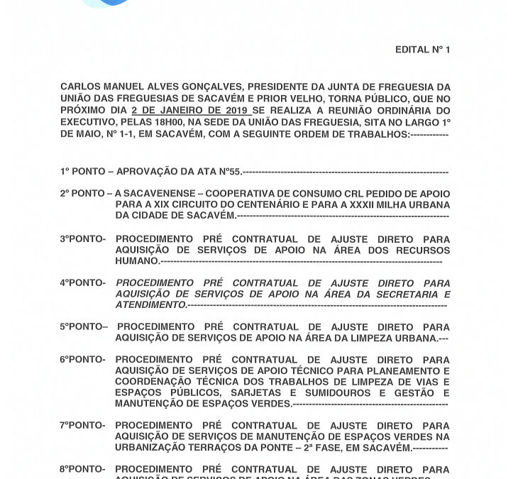 EDITAL Nº 1 – Reunião Ordinária do Executivo – 02 janeiro 2019