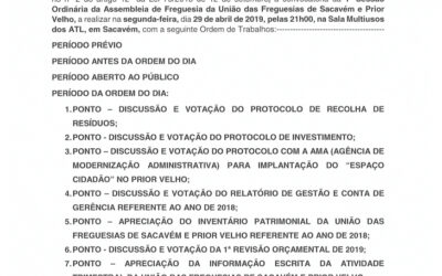 EDITAL Nº 12 – 1ª Sessão Ordinária da Assembleia de Freguesia da União das Freguesias de Sacavém e Prior Velho – 29 abril 2019